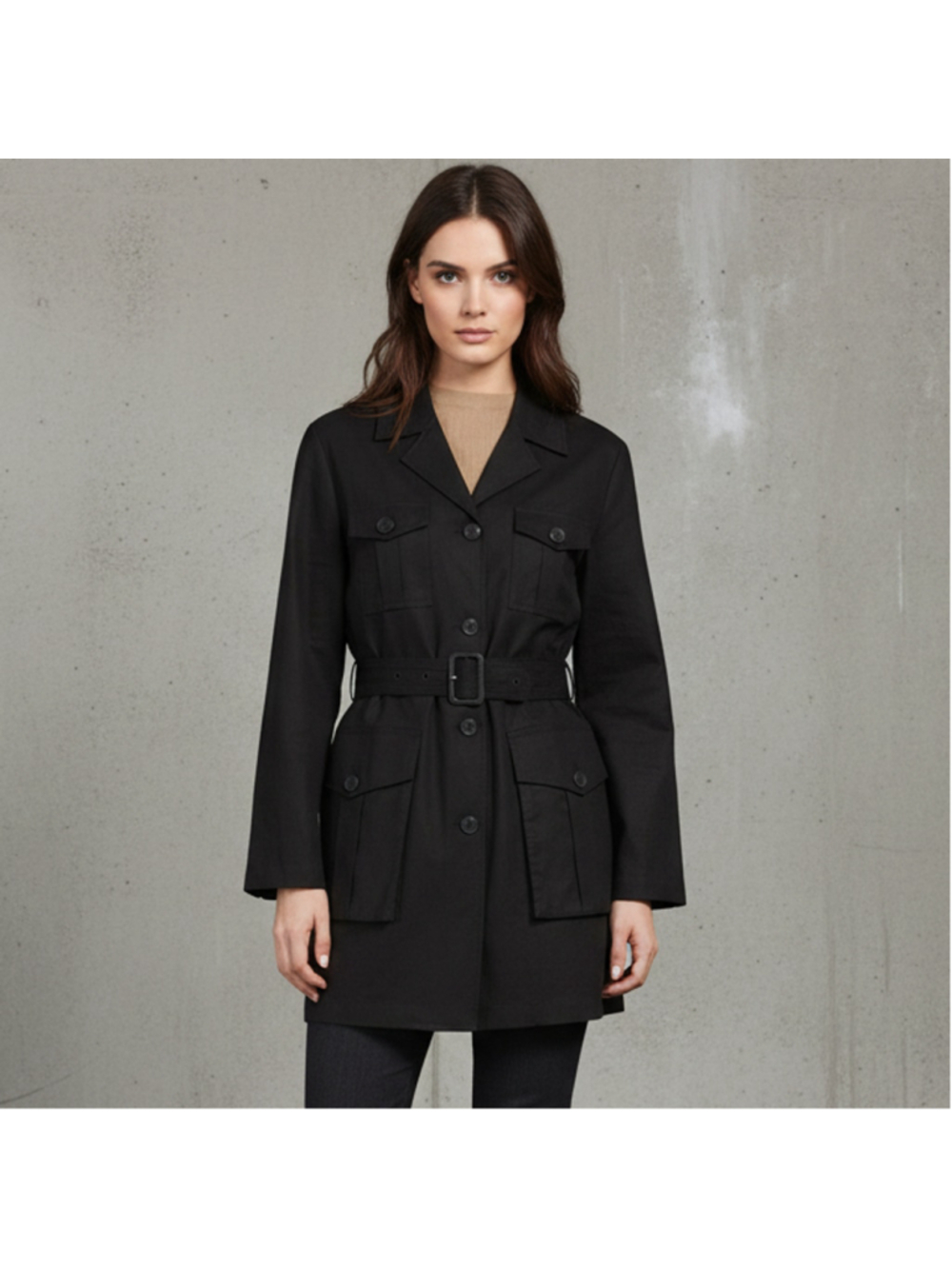 Zara Black Linen Utility Long Jacket with belt Sz M Quiet Luxury Dark Academia